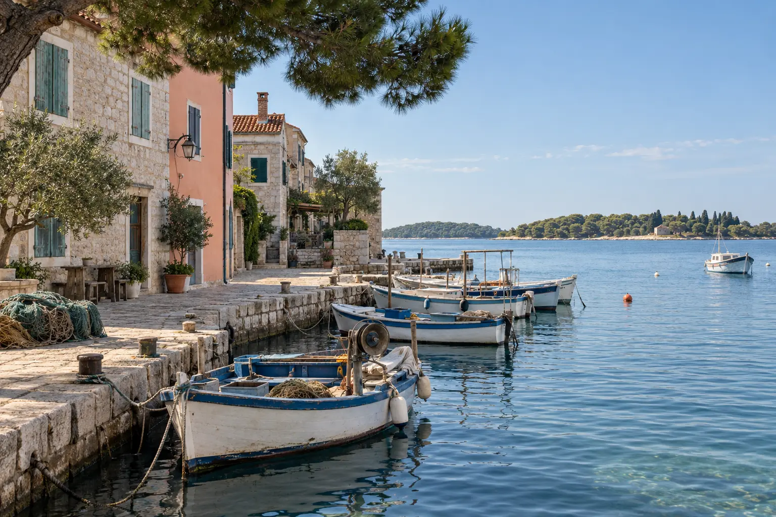 Editorial visualization of Fažana's fishing boats and waterfront facing Brijuni