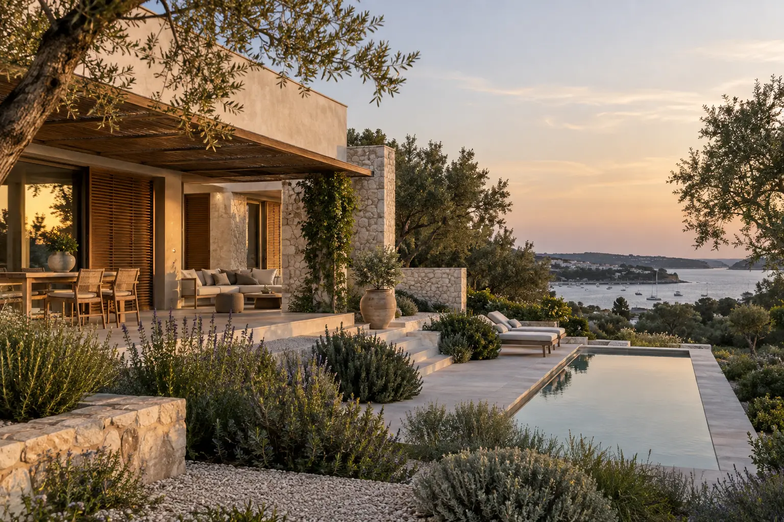 Editorial visualization of a contemporary stone villa overlooking Medulin Bay