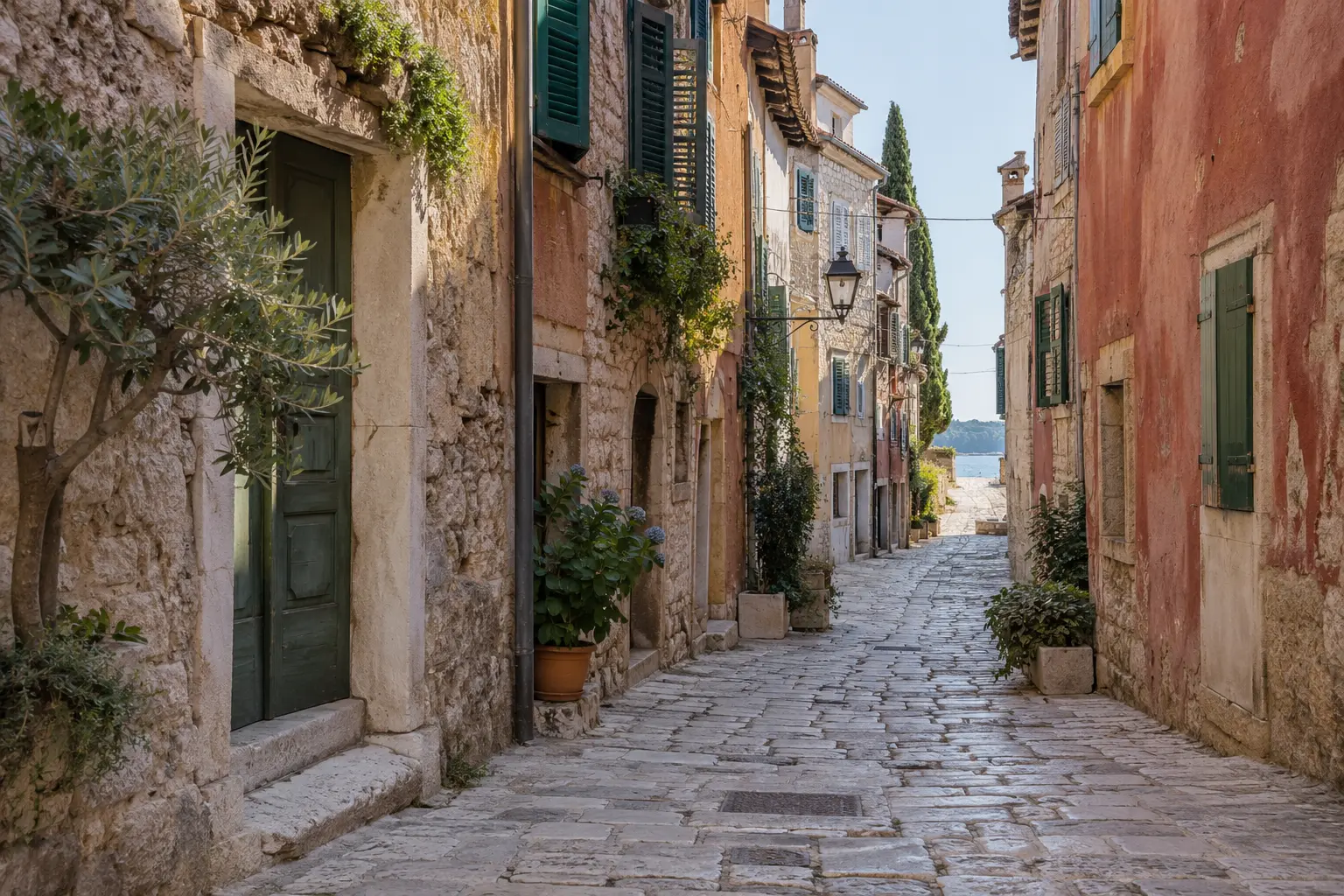 Editorial visualization of a stone lane in Rovinj's historic centre